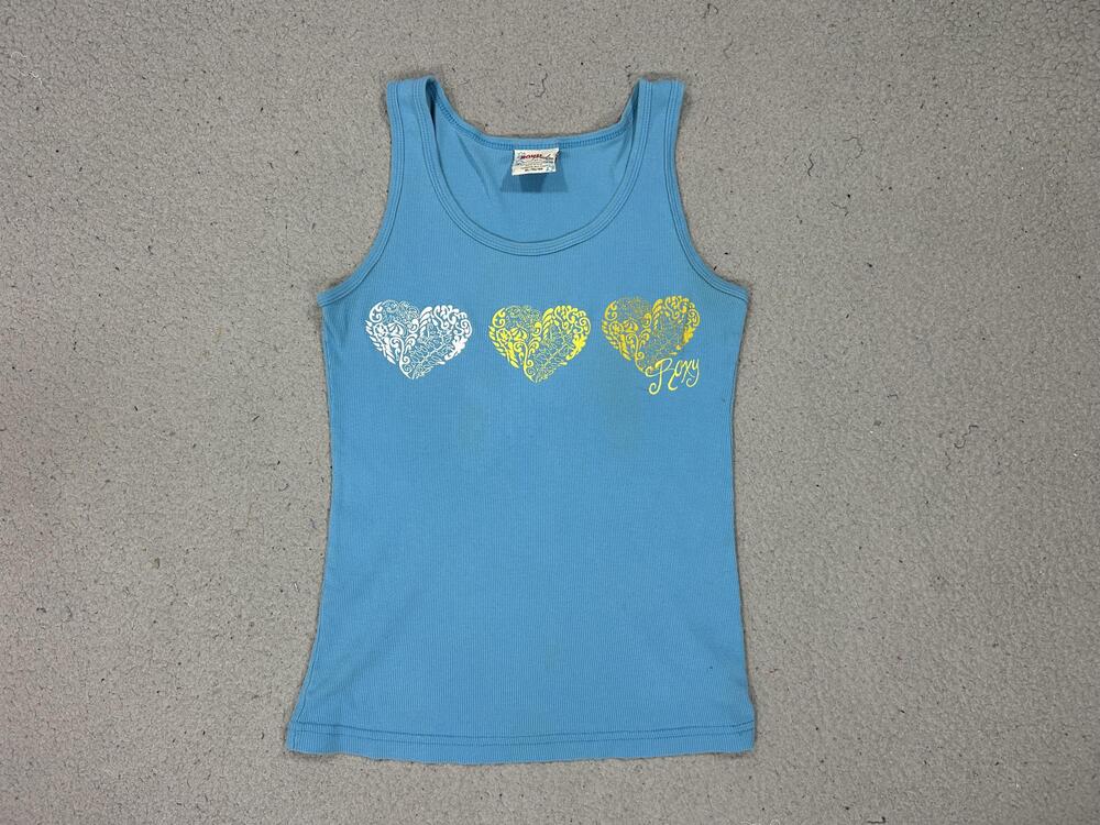 Vintage Roxy Tank Top Juniors XL Blue Heart Graphic Ribbed Surf Beach Teens Y2K
